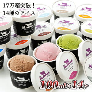 【ふるさと納税】ドリームヒル　よくばりアイスクリームセット＜100ml×14ヶ＞　ミルク／きなこ／ティラミス／あずき／ヨーグルト／イチゴ／オホーツク塩／カボチャ／メロン／チョコ／宇治抹茶／ラズベリー／ピスタチオ／黒ほうじ茶　※送料無料
