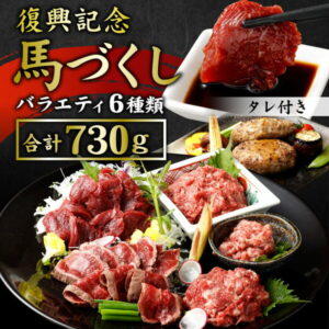 【ふるさと納税】【阿蘇・熊本復興記念】高森限定 馬づくしバラエティー 6種 合計730g タレ・ソース付き (赤身ブロック・タタキ・桜うまトロ・線切り・フタエゴダイス・ハンバーグ・タレ・おろしポン酢・ユッケのタレ・万能ソース) 馬肉 馬刺し 赤身 ふたえご 冷凍 送料無料