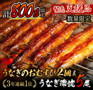 【ふるさと納税】期間・数量限定【緊急支援品】うなぎ蒲焼5尾(計800g以上)&うなぎのおむすび2個(お楽しみセット)国産鰻(ウナギ・さんしょう・たれセット)