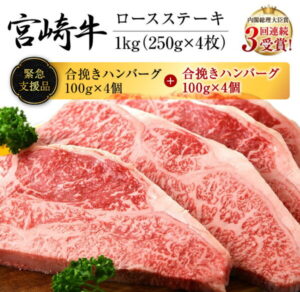 【ふるさと納税】数量限定《緊急支援品》宮崎牛ロースステーキ(250g×4枚)＆合挽きハンバーグ(100g×8個)セット《合計1.8kg》　肉　牛　牛肉