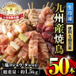 【ふるさと納税】 ＜九州産鶏肉＞生冷凍焼鳥セット5種盛り合わせ(計50本・約1.5kg)もも・ももねぎ・とり皮・砂肝・ひなを串打ちしてそのまま冷凍！5本入り小分け10パック！タレ・味塩こしょう付【サンクスフーズ】